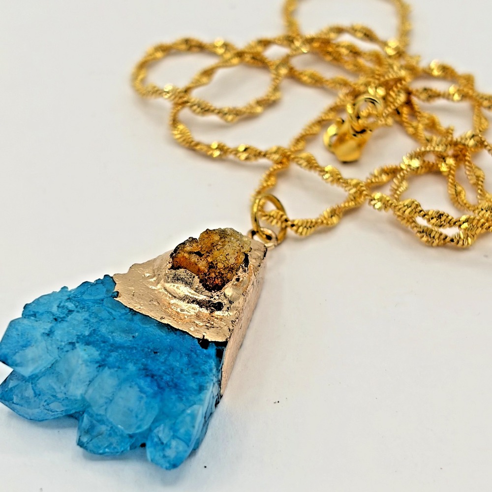 Raw Blue Geode Druzy Crystal Slice Pendant Gold Filled Boho Necklace